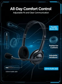 Logitech Headphone over-ear berkabel dengan suara stereo, mikrofon peredam kebisingan, mikrofon yang dapat disesuaikan, panggilan waktu nyata, ringan dan nyaman dipakai, serta jack kabel tunggal 3,5 mm. - View 4