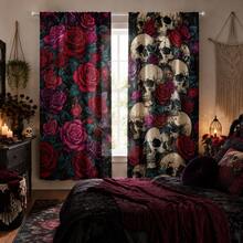 2pcs Gothic Skull And Rose Pattern Semi-Sheer Bedroom Curtains, 90GSM Polyester Semi-Transparent Privacy Protection, Gothic Style Living Room Curtains, Kitchen Curtains, Suitable For Home, Room, Kitchen Partition Or Decoration, Rod Pocket Design Easy Installation, Quick Dry, Washable, Fade-Resistant, Lightweight Removable Curtains - Multicolor - View 7