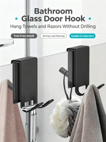 Clamp-On No Drill Bathroom Glass Door Hook, Over-Glass Shower Hanger, Multi-Purpose Shower Partition Hook For Hanging Razor, Towel, Bath Sponge, Sturdy Space Saving, Easy Install, No Damage, Adjustable Clamp For Frameless Shower Door - Multicolor - View 2