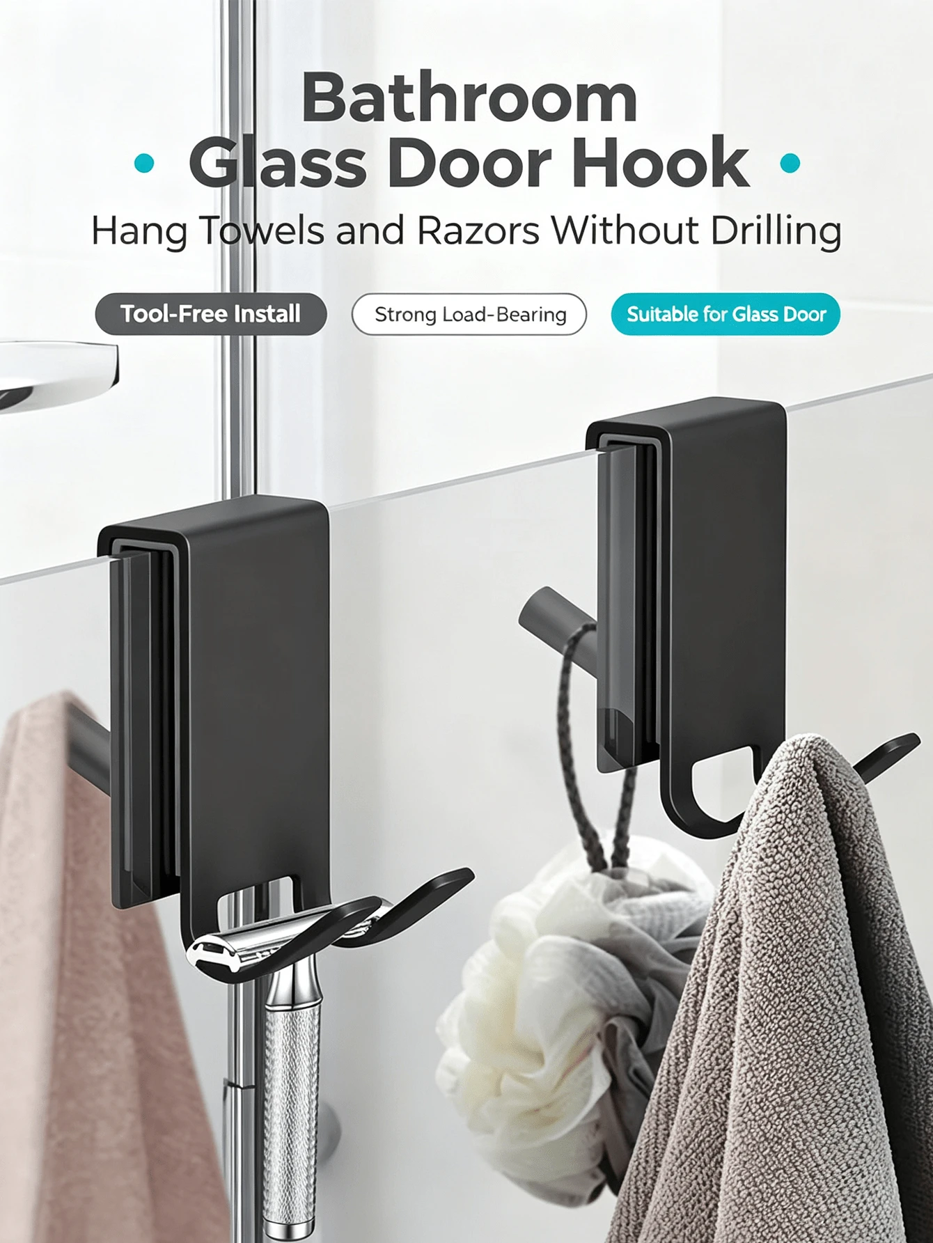 Clamp-On No Drill Bathroom Glass Door Hook, Over-Glass Shower Hanger, Multi-Purpose Shower Partition Hook For Hanging Razor, Towel, Bath Sponge, Sturdy Space Saving, Easy Install, No Damage, Adjustable Clamp For Frameless Shower Door