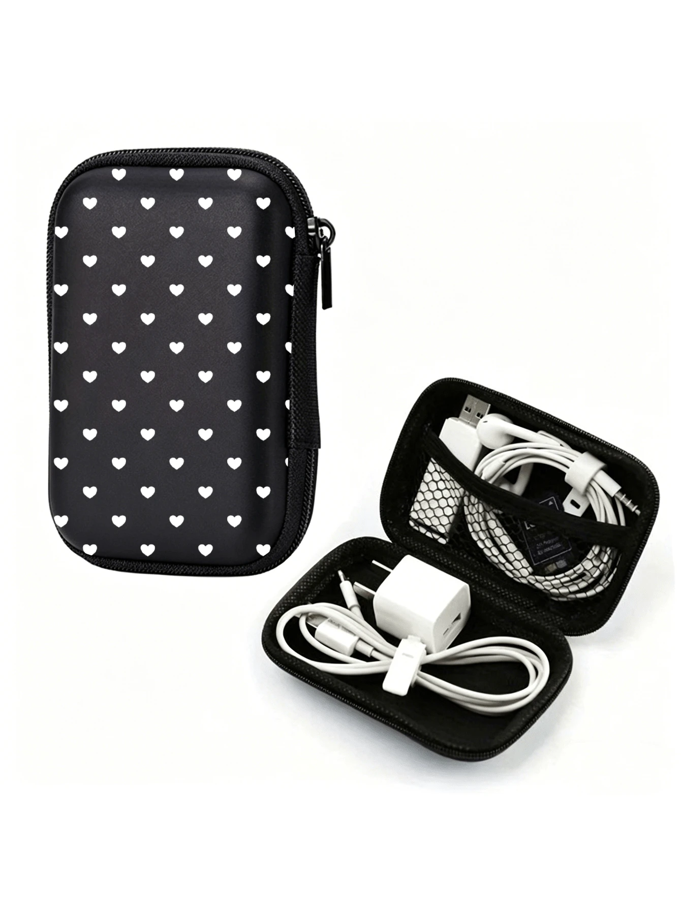 Heart Pattern Black Leopard Print EVA Hard Shell 4.3 Inch Compact Storage Box - Travel Protective Storage Bag, Suitable For Electronic Accessories, Earphones, Hard Drives And Data Cables; Anti-Drop Zipper Pouch, Teacher Gift, Back To School Season. (Storage Box Only) - Multicolor - View 1