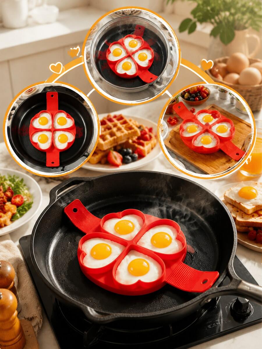 2 buah Alat Perebus Telur Silikon Berbentuk Hati dengan 4 Lubang - Warna Merah - Alat Masak Anti Lengket - Cocok untuk Pancake, Sandwich, dan Sarapan - View 1