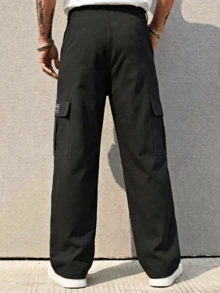 American Minimalist Label Workwear Long Pants For Men, Multi-Pocket Loose Drape Black Drawstring Waist Commuter Casual Trousers - Black - View 2