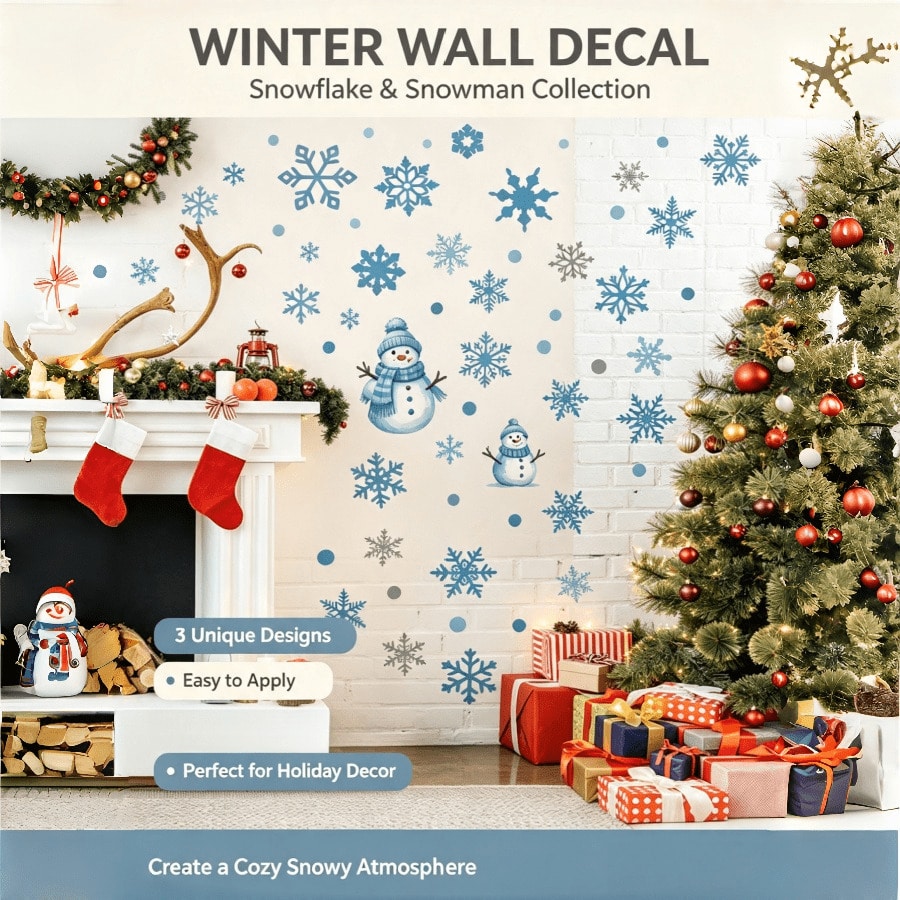 Ice Blue Snowflake Removable Wall Sticker Set DIY Multi-Shape Snowflakes Cartoon Snowman With Text Accessories Blue-Grey Text / Light Blue Geometric Hollow / Watercolor Snowman Fireplace, Room, Window Glass Christmas Winter Party Decorative Stickers