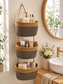 Woven Hanging Storage Basket, Decorative Door Hanging Storage Basket, Detachable Decorative Storage Basket, Space-Saving Cosmetic Storage Basket, Suitable For Kitchen, Bedroom, Bathroom, Plants And Small Items Storage - Multicolor - View 2