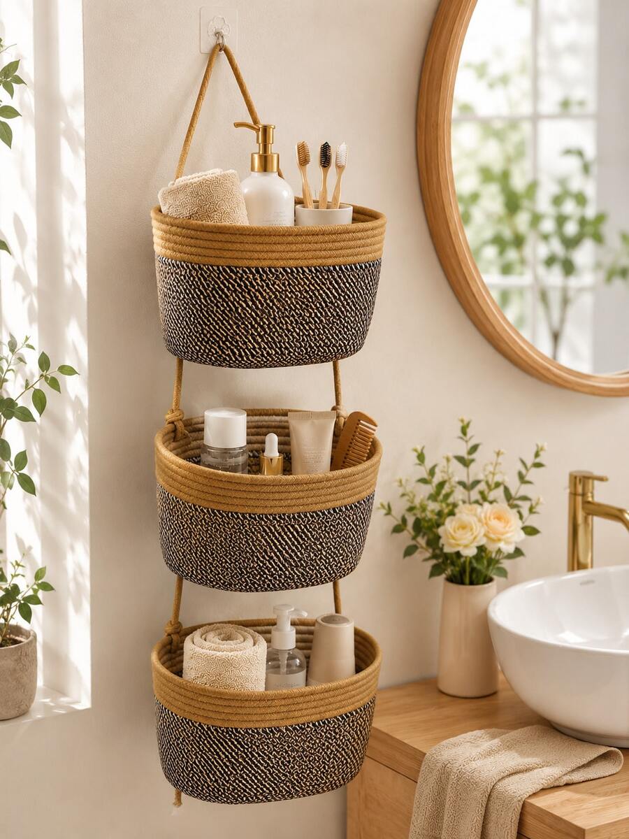 Woven Hanging Storage Basket, Decorative Door Hanging Storage Basket, Detachable Decorative Storage Basket, Space-Saving Cosmetic Storage Basket, Suitable For Kitchen, Bedroom, Bathroom, Plants And Small Items Storage