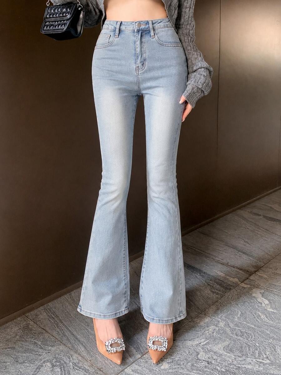 YEAE | 復古藍色喇叭牛仔褲 女款新款高腰顯瘦彈性馬蹄褲 - 淺色水洗藍 - 查看 1
