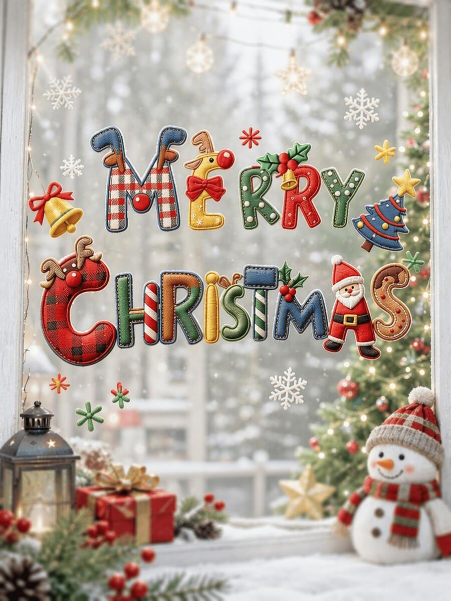1 Set Christmas Window Stickers, Merry Christmas Letter Window Decals, Featuring Santa Claus, Snowman, Reindeer, Christmas Tree And Snowflake Patterns, Holiday Home Party Glass Door Decoration Stickers, Winter Decor - Letter Design - View 1