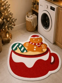 1pc Gingerbread Man Hot Cocoa Cup Velvet Rug, Room Decor, Indoor Door Mat, Living Room Carpet, Kitchen Mat, Bedroom Rug, Bathroom Mat, Washable Carpet, Home Decor, Bedroom Decoration, Non-Slip Wear-Resistant, Noise-Reducing Sound-Absorbing, Skin-Friendly Soft - Red - View 7