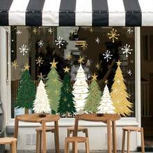 3-Pack Static Cling Window Stickers PVC Christmas Tree And Snowflake Decors - Winter Snowflakes With Christmas Trees, Glossy Finish, Suitable For Doors, Mirrors, Laptops, Tablets - Stick-On, Yellow-Green-Gold Christmas Tree And Snowflakes, Winter Home Window Decoration (No Residue) - Multicolor - View 2