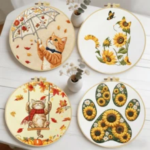 1 buah, ukuran 20*20cm/7.9*7.9in, Kit Bordir Kucing dan Bunga Matahari, Set Bordir Buatan Tangan DIY untuk Pemula Dewasa, Hadiah Rumah, Hadiah Menjahit untuk Wanita, Termasuk Panduan Pengguna, Kain Pola Cetak, Bingkai Bordir, Jarum dan Benang. - Kucing Bunga Matahari - View 3