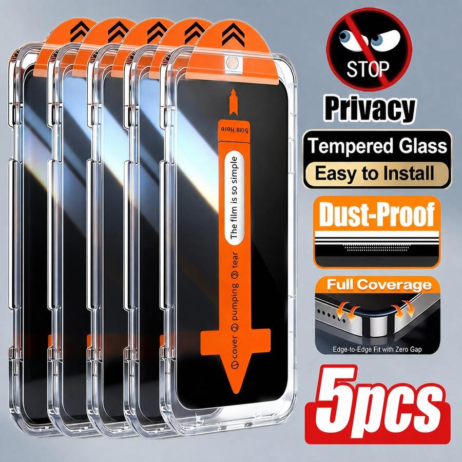 CASECOPS 5PCS Oleophobic Coating Anti Spy Tempered Glass, With Auto-Alignment Kit - For 17 Pro Max/17e/17 Air/17/16 Pro Max/16/16e/15 Pro/15/14/13/12/11/Plus/Mini/X/XR/XS Max. Privacy Screen Protectors, 9H Tempered Glass, Anti-Scratch, Anti-Fingerprint, Dynamic Island Full Coverage Screen Protector