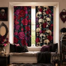 2pcs Gothic Skull And Rose Pattern Semi-Sheer Bedroom Curtains, 90GSM Polyester Semi-Transparent Privacy Protection, Gothic Style Living Room Curtains, Kitchen Curtains, Suitable For Home, Room, Kitchen Partition Or Decoration, Rod Pocket Design Easy Installation, Quick Dry, Washable, Fade-Resistant, Lightweight Removable Curtains - Multicolor - View 8