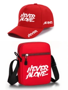 1件/2件裝「Never Alone」標語字母圖案印花中性彎帽簷棒球帽與斜跨包，街頭時尚戶外運動棒球帽與包，可調節，送給自己或朋友的禮物 - 彩色 - 查看 7