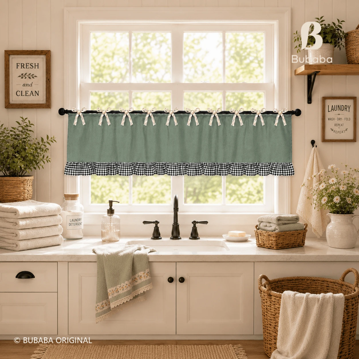 1pc American Country Style Window Curtain, Bowknot Decor Dark Green ...