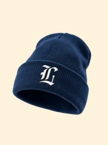 1pc Unisex Outdoor Warm Solid Color Ribbed Knitted Beanie Hat With Gothic A‑Z Letter Print,Edgy Cozy Versatile Fall Winter Headwear For Concert Events - Navy Blue - View 16