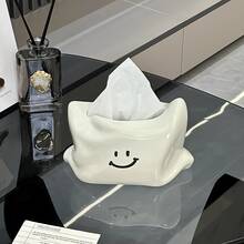 1pc Smiling Face Ceramic Tissue Box, Asymmetrical Wrinkled Artistic Design Decorative Tissue Holder, Modern Cute Napkin Storage Box, Suitable For Living Room Coffee Table Home Desktop Decor - Multicolor - View 2