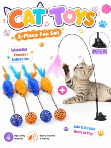 2PCS Cat Toys Set, Interactive Cat Teaser Wand With Feather Mouse Toys, Suction Cup Cat Toy For Indoor Exercise, Self Play Interactive Toys, Durable Cat Wand Toy, Fun Chasing And Hunting Activity Toys For Kittens And Cats - Multicolor - View 1
