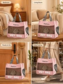 Pink Pet Travel Tote Bag, Oxford Cloth Breathable Mesh Window Cat Pet Carrier, Fashion Letter Print Snap Button Design, Large Capacity Portable Pet Travel Bag, Suitable For Small Cats And Dogs Outdoor Shopping And Daily Use - Multicolor - View 2