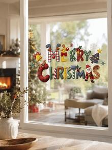 1 Set Christmas Window Stickers, Merry Christmas Letter Window Decals, Featuring Santa Claus, Snowman, Reindeer, Christmas Tree And Snowflake Patterns, Holiday Home Party Glass Door Decoration Stickers, Winter Decor - Letter Design - View 3