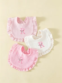 3pcs Soft Comfortable Pure Cotton Crepe 26 Letter Embroidered Ruffle Edge Cute Baby Bibs, Princess Style Lace Design, Suitable For All Seasons, Baby Feeding Drool Bibs - Multicolor - View 34