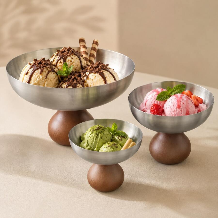 1pc Stainless Steel Ice Cream Cup, Dessert Bowl, Round Wooden Base Pudding Cup, Salad Fruit Yogurt Cup, Suitable For Party Use - Silver - View 1