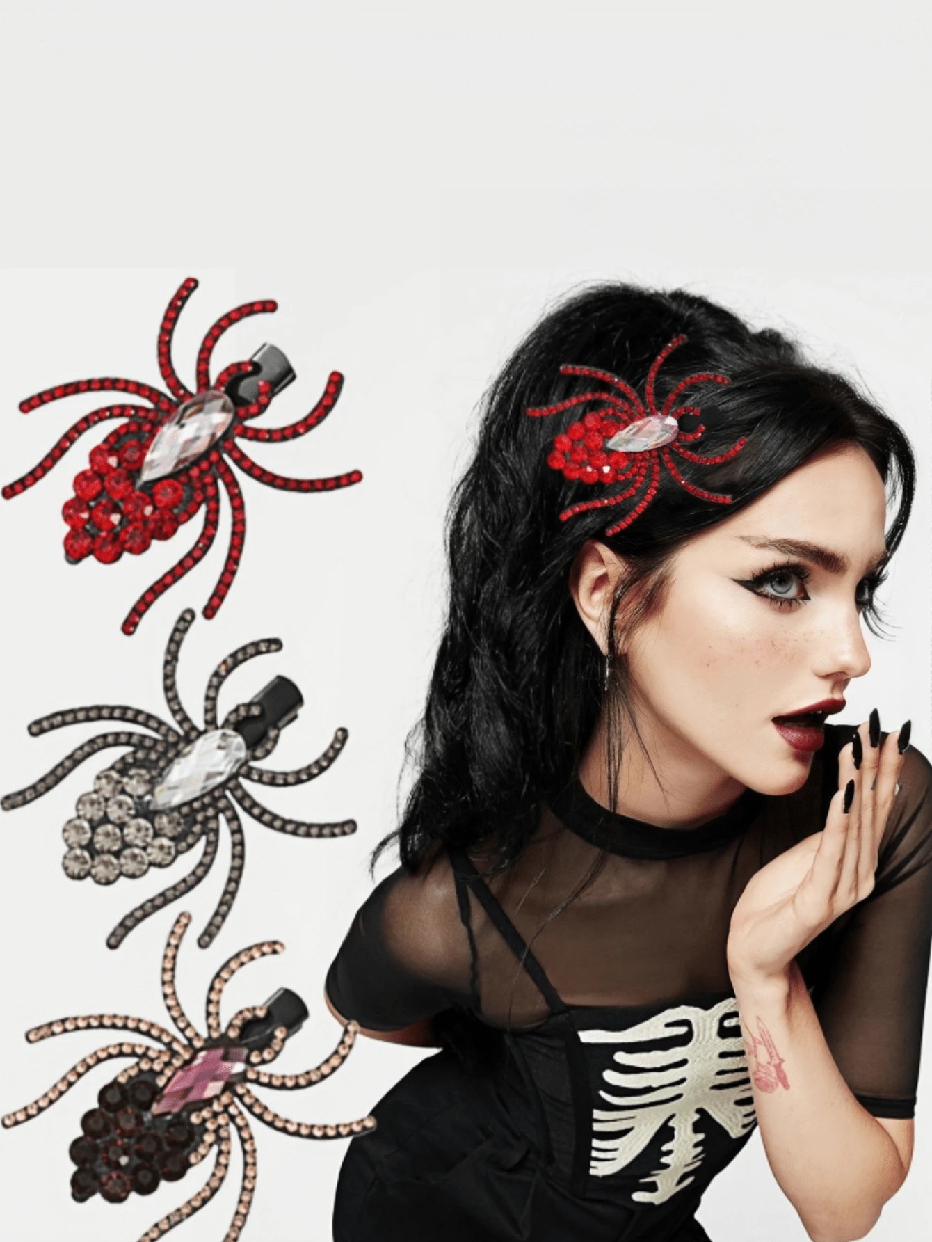 2pcs Halloween Spider Personalized Hair Clips BB Clips Bangs Clips Rhinestone Decor Hair Accessories Dark Style - Multicolor - View 1