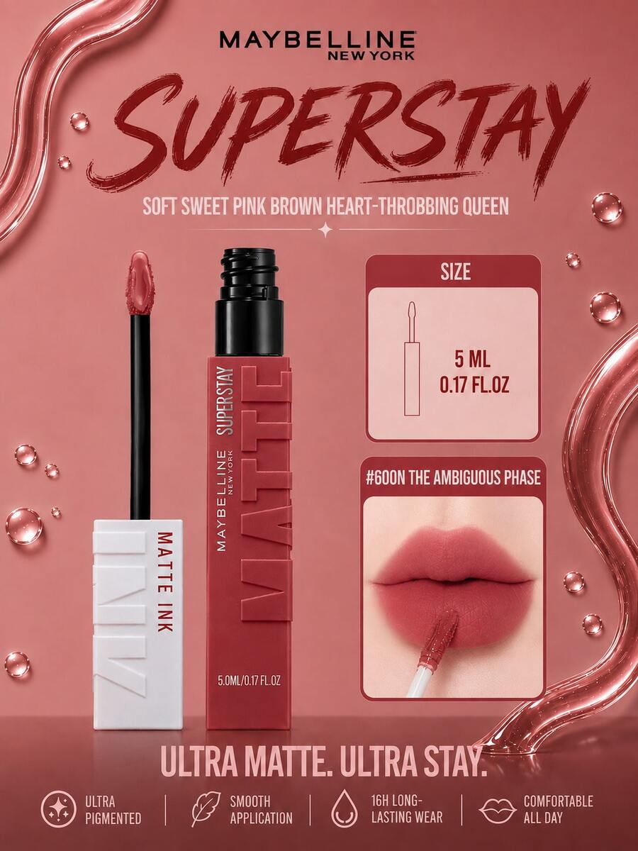 Maybelline 美寶詩 Super Stay 霧面液態唇膏 #600N 5ml，超高顯色，長效持妝，濃郁霧面妝效，易於唇部輪廓勾勒，淡淡香草香，易於塗抹，適合所有膚色