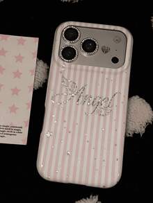 1pc Light Pink Vertical Stripe Silver Foil Angel Wings Glitter Star Full Coverage Shockproof Glossy Phone Case, Compatible With IPhone18/18Pro/18ProMax/17/17Pro/17ProMax/16/16Pro/16Plus/16ProMax/15/15Pro/15ProMax/14/14Pro/14ProMax/13/13Pro/13ProMax - Pink - View 5