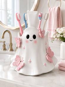 1pc Cute Ghost Toothbrush Holder With Pink Butterfly Decoration, Japanese Style Cute Bathroom Storage Rack, Can Store Toothbrush And Toothpaste, Halloween Ghost Decoration, Vanity Countertop Storage, Aesthetic Room Decor, Spooky Season Home Decor, Gift For Women And Girls - Multicolor - View 6