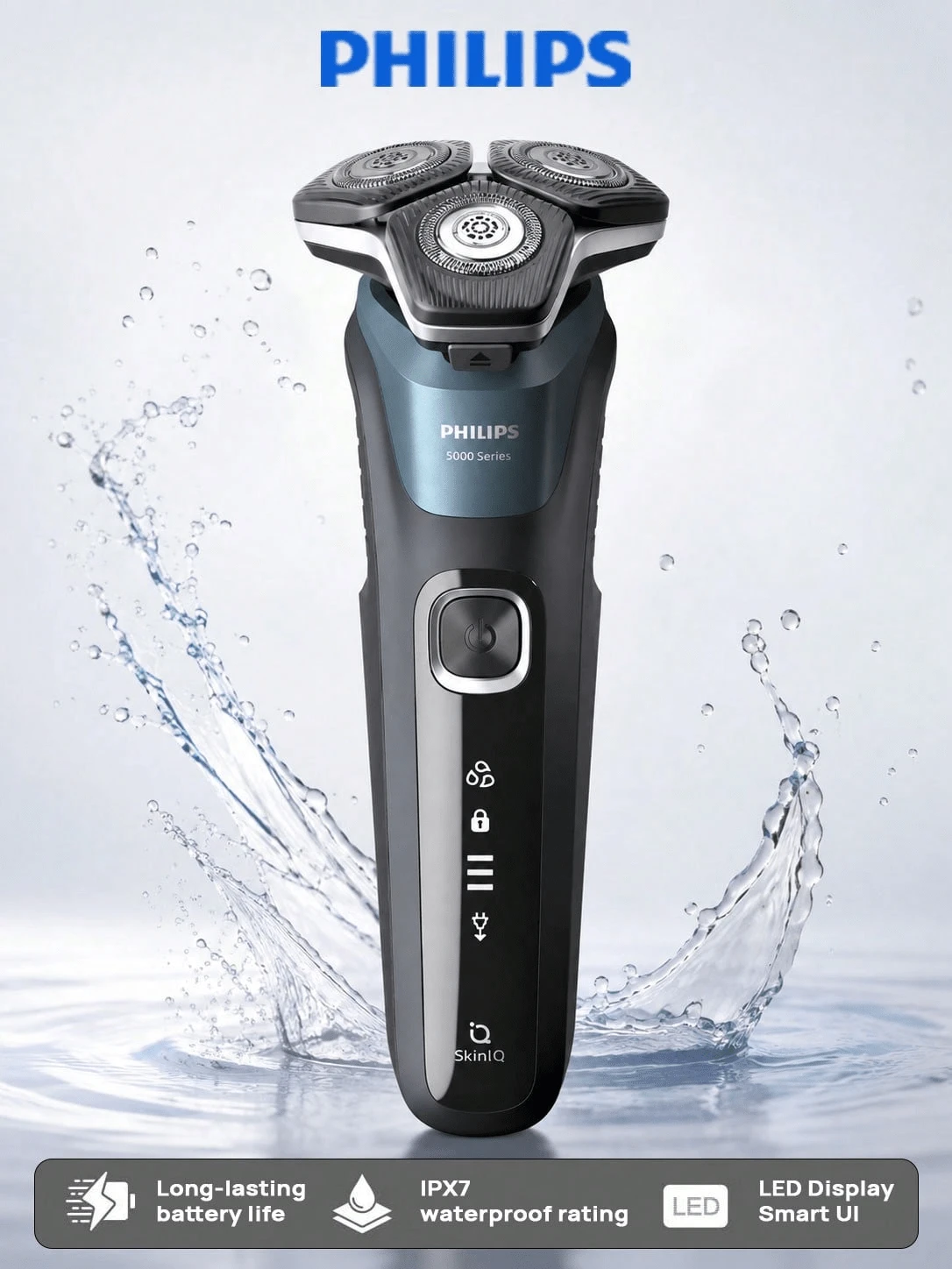 PHILIPS S5832 Electric Shaver, Fully Waterproof, Precision Steel Blades, 360° Flexible Head, Long Battery Life, Adaptive Power, Wet And Dry Use, USB Charging - Business Grey Blue - View 1
