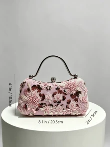 1件粉色重裝飾珠片花卉手拿晚宴包，3D花卉刺繡，金屬手柄扣包，婚禮宴會派對禮服搭配，浪漫氛圍手提包（隨機花紋） - 粉色 - 查看 3