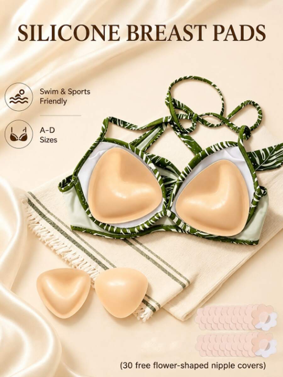 1 Set Women's Double-Sided Self-Adhesive Breast Pads, Thickened Invisible Breast Pads Suitable For Swimming, Bra And Bikini Swimwear - Multicolor - View 1