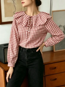 Plus Size Women's Plaid Colorblock Knot Flower Ruffle Trim Autumn/Winter Top - Red and White - View 2