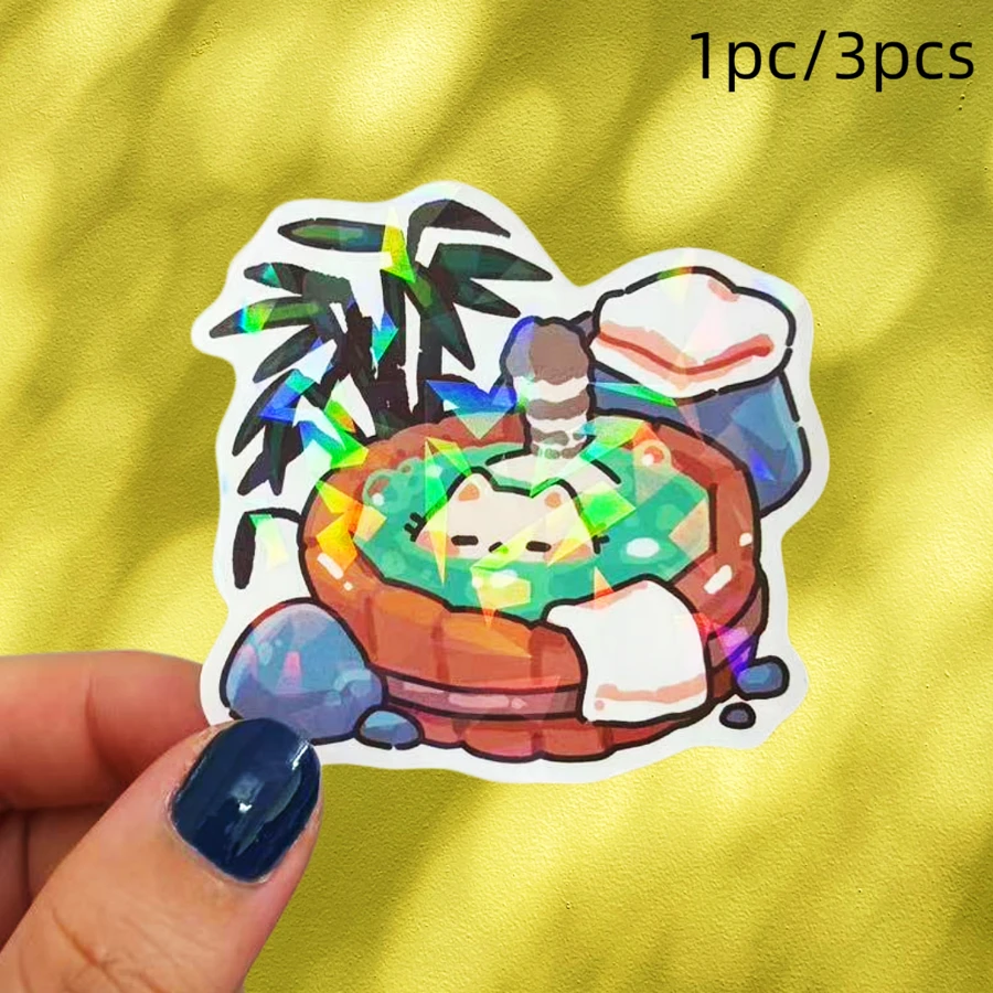 1pc/3pcs Hot Spring Cat Healing Stickers, Japanese Style Cartoon Stickers, Cute Cat Bathing In Hot Spring Pattern, Waterproof, Wear-Resistant, Scratch-Resistant, No Residue, Suitable For Laptop, Water Bottle, Skateboard, Luggage DIY Decoration, Healing And Relaxing Style, Popular Cute Healing Style Stickers - Vinyl - View 1