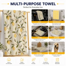 2pcs Lemon Plant Pattern Kitchen Towel Set, Fresh Country Style Rectangular Towels, Single-Sided Printed Design With Yellow Lemon And Green Leaf Pattern, Paired With Bright Yellow Plaid Elements, Suitable For Kitchen Oven Hanging, Dish Washing, Daily Home Decor, All Seasons And Holiday Celebration Scenes - Multicolor - View 8