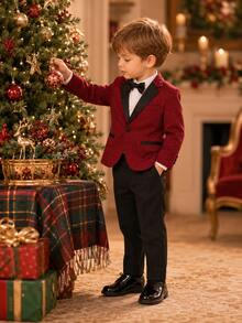 Christmas Young Boy Suit Formal Outfit Kids Set Piano Performance Wedding Ring Bearer Outfit 3-Piece Set Jacket + Pants + Bow Tie - Red - View 4