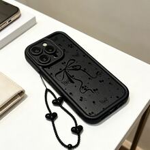 1pc Black Flower Bow Dark Halloween Personalized Minimalist Ditsy Floral Cute Fashion, Heart-Shaped Beaded Pendant Phone Lanyard/Heart-Shaped Chain/Wrist Strap/Handbag Chain/Handmade, Matte Black Soft Shell, Compatible With Samsung/GALAXY/A/S/14/15/16/17/26/36/56/57/ULTRA/RENO/C/Y/V/Honor/LITE/X/X9C/NOTE/13/14/15/Transsion/SMART/HOT/POP/SPARK/30/40/50/60/Phone Case/Protective Cover - Multicolor - View 3