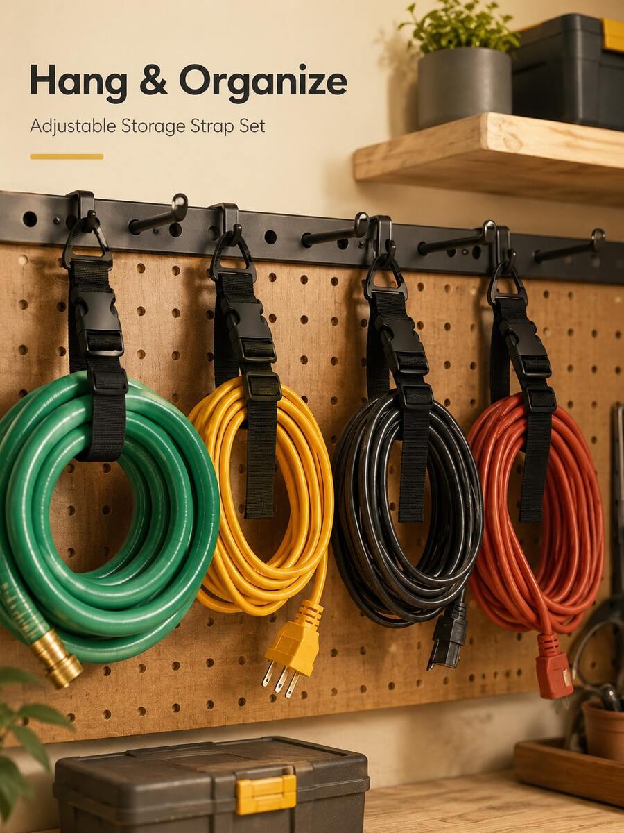 Practical Industrial Style Tie-Down Straps With Quick-Release Buckle And Adjustable Slider With Carabiner Clip, Bundling, Hanging, Storage And Organization Function, Suitable For Garage, Workshop, Garden, Camping, Outdoor, Indoor Organization, All-Season Universal Hardware Accessories