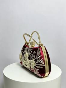 1件復古酒紅色緞面3D刺繡花卉晚宴手拿包，紋理金色金屬手柄，珍珠與水鑽球形鎖扣，新中式風格女款精緻斜挎小包，適合婚紗禮服搭配 - 酒紅色 - 查看 6