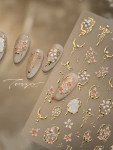 1片 5D 溫柔奢華法式宮廷風金邊花卉美甲貼紙，自黏式美甲裝飾配件 - 彩色 - 查看 4