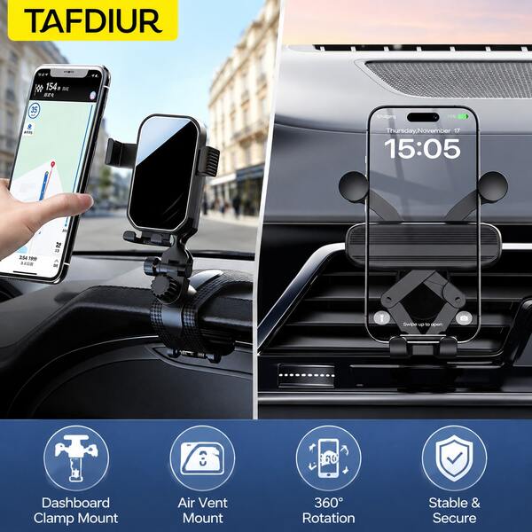 2-In-1 Car Phone Holder Dashboard Clip + Air Vent Dual Use 360° Rotating Anti-Shake Car Navigation Mount