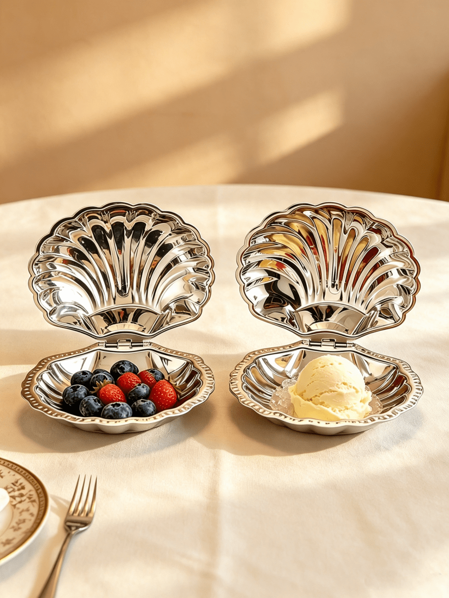 1pc Silver Stainless Steel Shell-Shaped Hinged Lid Butter Dish 12x12x5cm/4.72x4.72x1.96in, Candy Dish Fruit Bowl Jewelry Storage, Suitable For Wedding Vanity Party