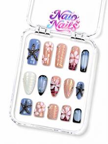 NAIO 10pcs Y2K Handmade Press-On Nails, Nude Blue Gradient French Tip, Starfish Shell 3D Flower Twisted Pearl Rhinestone Hand-Painted Nail Art, Fresh Ocean Beach Summer Style, Suitable For Daily Wear And Parties, 3 Sizes, Coffin/Almond/Short Square Fake Nails - Multicolor - View 1