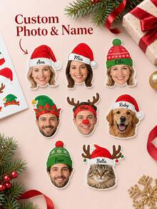 1 Lembar Stiker Natal Wajah Kustom dengan Foto dan Nama yang Dipersonalisasi, Stiker Topi Santa, Peri, Rusa Kutub, Anjing, Kucing, Label Natal Meriah untuk Pembungkus Kado, Kartu Ucapan, Album Foto, Amplop, Suvenir Pesta, dan Dekorasi Liburan - MultiWarna - View 3