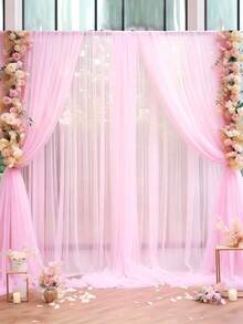 1/2pc 155*240cm Pink Chiffon Tulle Backdrop Curtain, Suitable For Party, Wedding, Shower, Birthday Party, Photo Booth Background Decoration - Pink - View 5