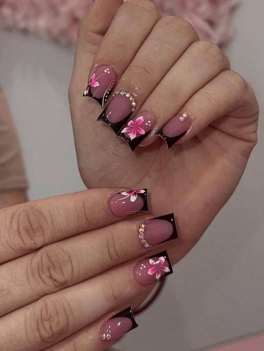 24pcs Medium Square Wearable Nails, Grey Purple Black V-Shape French Tip Fake Nails, Hand-Painted Pink Butterfly Floral Rhinestone Crystal Glossy Matte Mixed Reusable Artificial Nails, Sweet Gothic Style Manicure, Suitable For Women's Daily, Date, Party, Holiday - Multicolor - View 1