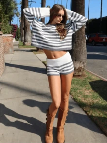 Women Gray&White Knit 2-Piece Set Asymmetrical Shoulder Loose Sweater Knit Shorts Fall Daily Home Wear Short Trips Photogenic Matching Sweater Outfit - Grey - View 8