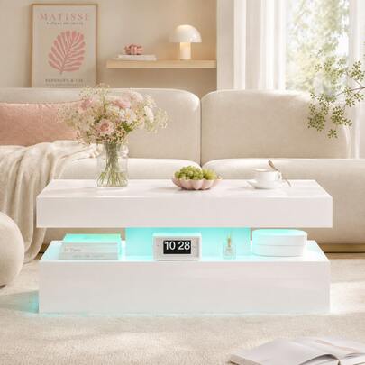 Mesa de centro LED moderna con espacio de almacenamiento de 2 niveles, mesa central de alto brillo para sala de estar, mueble minimalista contemporáneo, negro, gris, blanco