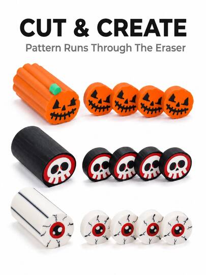 15cm Halloween Long Erasers, 6 Fun & Quirky Designs: Pumpkin, Ghost, Bat, Spider, Skull, Eyeball Patterns, Long Erasers Suitable For Halloween Party Favors, Candy Bag Fillers, Classroom Rewards And Gifts